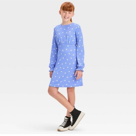 Art Class Girls Blue Polka Dot Textured Woven Long Sleeve Dress Size S 6/7 NEW! - Picture 2 of 10